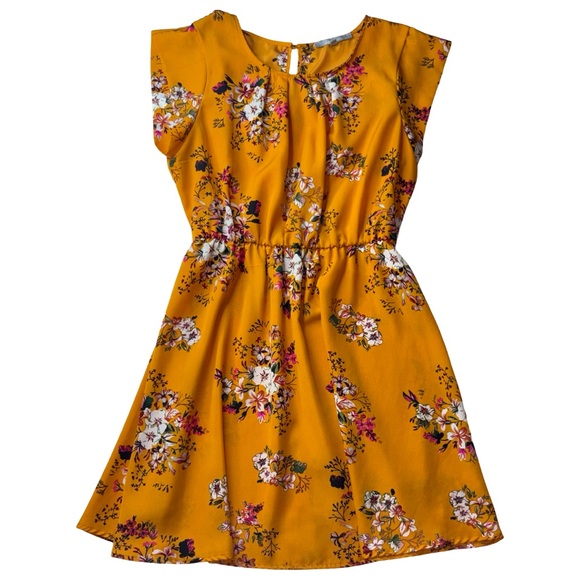 Sweet Rain Mustard Floral Dress Size L Boho Short Sleeve - Picture 2 of 8